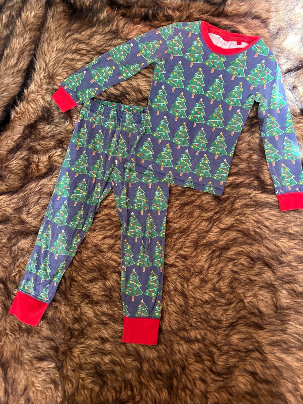 Mini Boden Blue Christmas Tree Pajama Set with Green Trees and Red Trim 6Y